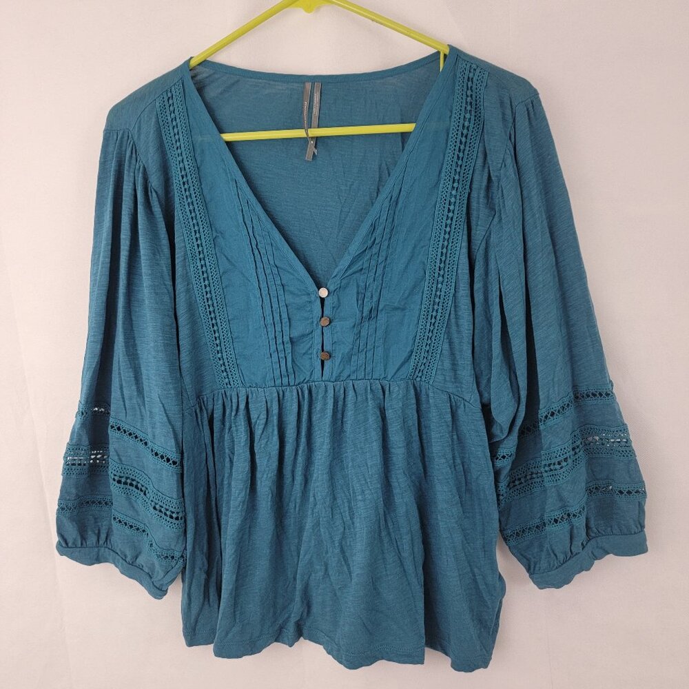 ANTHROPOLOGIE Womens Shirt Sz MEDIUM Kaye Pintucked Babydoll BLUE Top Peasant